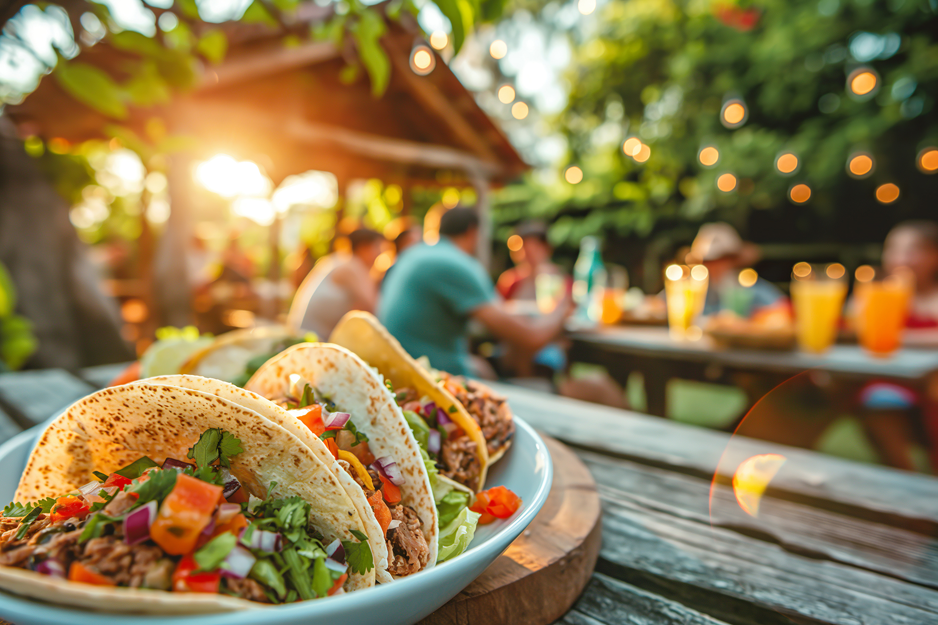 Vibrant and colorful summertime backyard taco party with delicious mexican cuisine. Festive outdoor dining. And blurred background bokeh lights at sunset